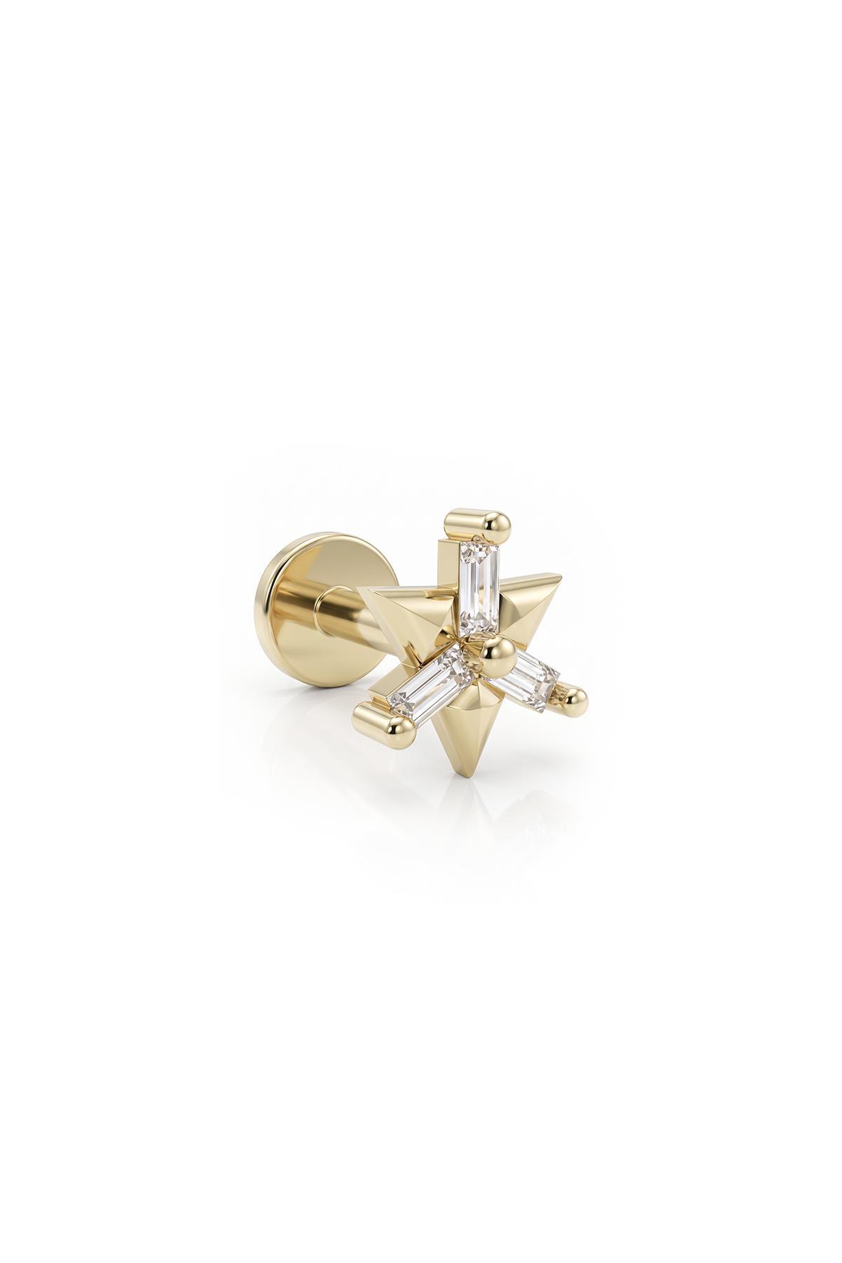 14 Ayar Altın Baget Taşlı Heksagram Piercing