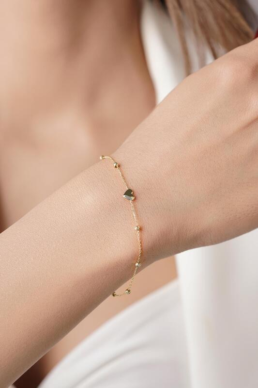 14 Ayar Altın Dorika Top Detaylı Kalpli Bileklik - Fiyonk Kuyumculuk