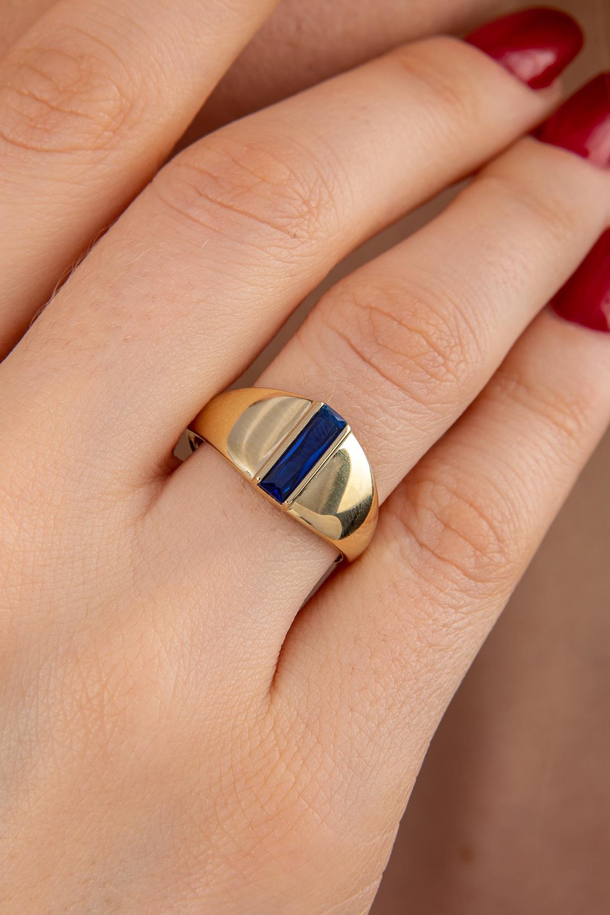 14 Ayar Altın Safir Taşlı Oval Yüzük - Fiyonk Kuyumculuk