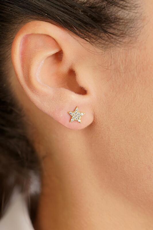 14 Ayar Altın Swarovski Taşlı Küçük Yıldız Küpe - Fiyonk Kuyumculuk
